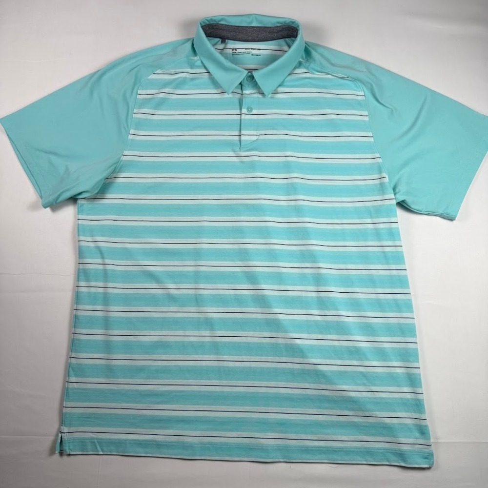 Under Armour Mens 2XL HeatGear Striped Polo Shirt Blue Loose Fit Performance